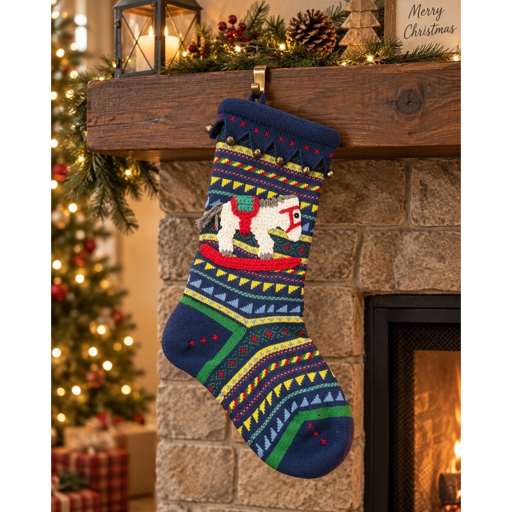 Knitted Christmas Stocking Navy Blue Knit Rocking Horse Jingle Bells Striped